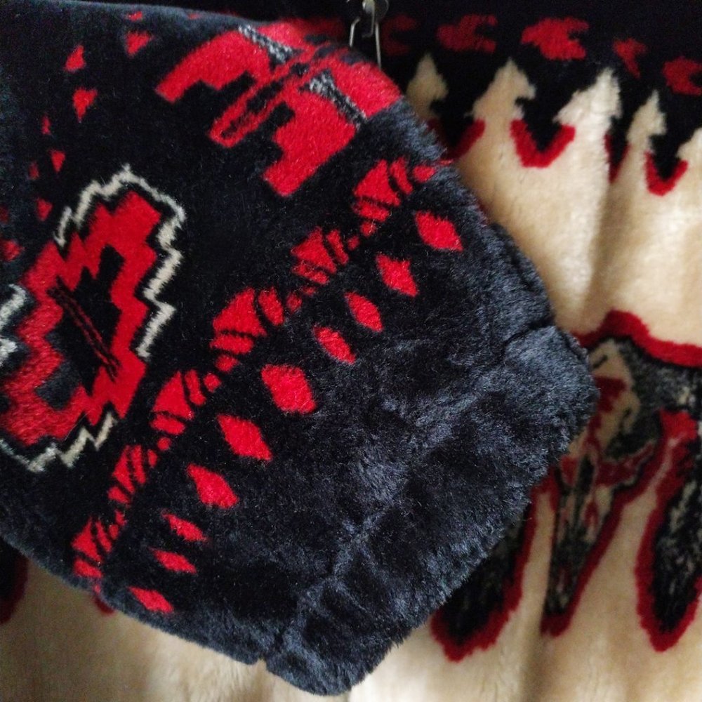 Sherpa Fleece Tribal Jacket Native American Faux Mouton Fur Zip Vintage Fleece - Picture 8 of 9